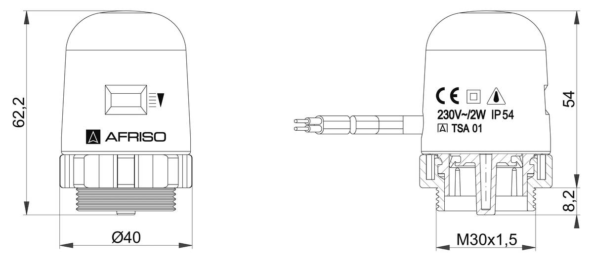 AFRISO Thermischer Stellantrieb TSA 01 M30x1,5 AG NC AC230V 90N 1m BEF 8840
