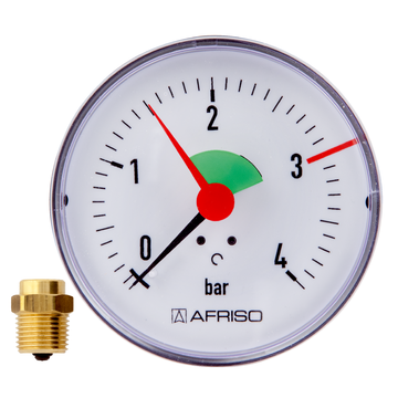 Rohrfeder-Manometer für Heizung/Sanitär - Axial, Afriso, Ø63mm, DN10  (3/8), 3bar Markierung